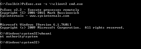 : Ikit >PsExec . exe<br />
sExec u2.2 —<br />
Execute<br />
—s cmd.exe<br />
processes remotely<br />
opyright (C) 2001 —2016 Mark Russ inouich<br />
ys internals<br />
www . sys internals.com<br />
icrosoFt Windows [Uersion 6 ]<br />
opyright (c) 2009 Microsoft Corporation .<br />
: ystem32 >whoami<br />
t authority\system<br />
All rights<br />
reserved. 
