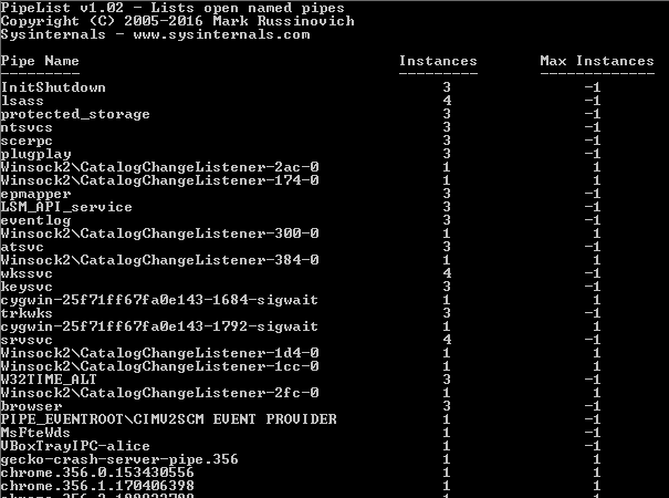 ipeList ul .02 — 
Lists open named pipes 
opyright (C) 2005—2016 Mark Russ inouich 
ys internals 
www . sys internals.com 
ipe Name 
In itShutdown 
Isass 
rote cted_storage 
tsucs 
cerpc 
lugplay 
in sock2 tener—2ac —g 
insock2 
pmapper 
SM_RPI _ seru ice 
vent log 
in sock2 
tsuc 
insock2 
kssuc 
eysuc 
pkwks 
insock2 t e nee—I d 
EUENT PROUIDER 
sFteWds 
BoxrrayIPC—aIice 
.356 
hrome .356 . g. 153430556 
hrome .356 .1 .1?0406398 
Instances 
Max 
Instances 