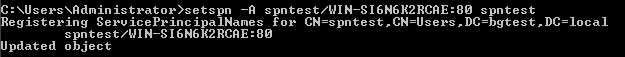 —R spntest 
egistering SeruicePrincipaINames For 
spntest/WIN-S16N6K2RCRE:8Ø 
pdated object 