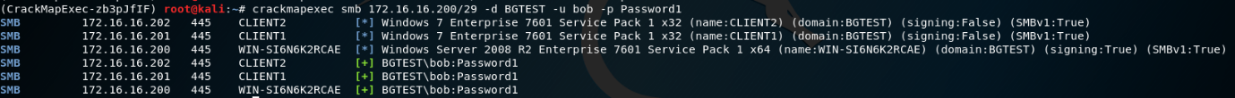 SMB 
SMB 
SMB 
SMB 
SMB 
SMB 
root@kati 
( CrackMapExec-zb3pJ flF) 
172.16. 16.202 
172.16.16.201 
172.16.16.200 
172.16.16.202 
172.16. 16.201 
172.16. 16.200 
crackmapexec smb 172.16. 16.200/29 -d BGTEST -U bob -p passwordl 
445 
445 
445 
445 
445 
445 
CLIENT2 
CLIENTI 
WIN-S16N6K2RCAE 
CLIENT2 
CLIENTI 
WIN-S16N6K2RCAE 
Windows 7 Enterprise 7601 Service Pack 1 x32 (name:CLIENT2) (domain:BGTEST) (signing:False) (SMBv1:True) 
Windows 7 Enterprise 7601 Service Pack 1 x32 (name:CLIENT1) (domain:BGTEST) (signing:False) (SMBv1:True) 
Windows server 2008 R2 Enterprise 7601 service pack 1 x64 (name:WIN-S16N6K2RCAE) (domain:BGTEST) (signing: True) 
BGTEST\bob : passwordl 
BGTEST\bob : passwordl 
BGTEST\bob : passwordl 
(SMBV1:True) 